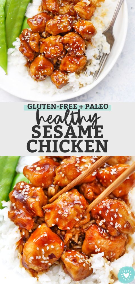 Healthy Sesame Chicken - Crispy Chicken coated in a tangy sweet sesame sauce. Gluten Free + Paleo Friendly. // Healthy Take Out Recipe // Paleo Sesame Chicken // Gluten Free Sesame Chicken // Sesame Chicken Stir-Fry #sesamechicken #chicken #stirfry #takeout #takeoutfakeout #teriyakisauce Gluten Free Sesame Chicken, Paleo Sesame Chicken, General Tao Chicken, Chicken Sesame, Chicken Gluten Free, Healthy Sesame Chicken, Gluten Free Chinese, Breakfast Kitchen, Asian Chicken Recipes