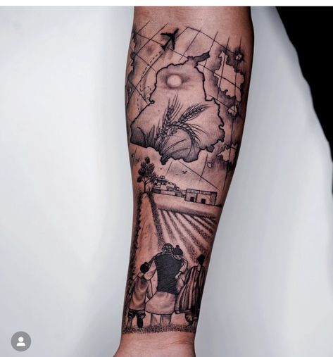 Punjab Theme Tattoo, Farmers Tattoo, Punjabi Tattoo Men, Tattoo Ideas Earthy, Punjab Map Tattoo, Punjab Tattoo Ideas, Sikh Tattoo Ideas, Sikhi Tattoo, Candy Skull Tattoo For Men