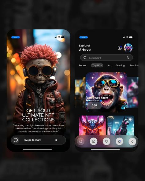Drop a 'NFT' comment on this post, and I'll DM you the resources I used in this design. Hope it's helpful you Unlock Digital Treasures: Experience the Ultimate NFT Marketplace with Our Sleek Mobile App Design✌🏻. Contact ~ Email: vikramtech69@gmail.com Instagram: @ui.vikram Follow me on Behance https://www.behance.net/design_with_vikram . Dive into the world of NFTs like never before with our expertly designed mobile app. The visually stunning interface offers a seamless user experience ... Web App Design User Interface, Figma Design, Net Design, Nft Marketplace, User Interface Design, Work Inspiration, Mobile App Design, Web App Design, App Ui
