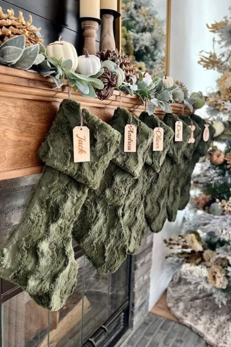 Rustic Green Fur Personalized Stockings I know Personalized stocks can get expensive, especially if you have a large family. But, it is a one time investment that will give you joy for many many years to come. Plus, I believe if we are going to go all out like this, to make sure we get what we want and make sure it matches our homes and personalities. #christmas #christmasstockings #rusticchristmas #farmhousechristmas #christmas2023 Green Brown Cream Christmas, Green Christmas Decorations Ideas, Green Theme Christmas Decor, White Gold And Green Christmas Decor, Christmas Green Aesthetic, Olive Green Christmas Decor, Dark Green Christmas Aesthetic, Green Winter Aesthetic, Sage Christmas Decor