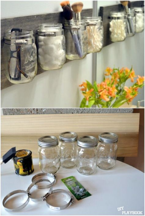 Mason Jar Wall-Mount - 21 DIY Makeup #Organizing Solutions that’ll Change Your Whole #Beauty Regimen Makeup Storage Containers, Makeup Drawers, Diy Makeup Organizer, Diy Storage Projects, Makeup Storage Drawers, Organization Wall, Penyimpanan Makeup, Koti Diy, Diy Makeup Storage