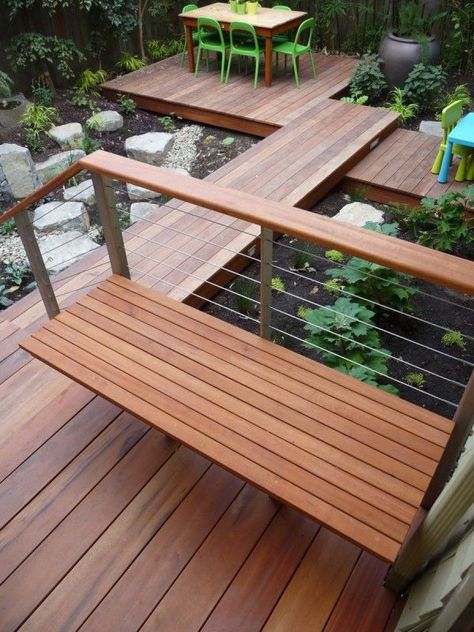 Multi Tiered Deck, Small Backyard Deck, Deck Bench Seating, Deck Walkway, Deck Platform, Reling Design, Small Backyard Decks, Built In Bench Seating, Deck Bench