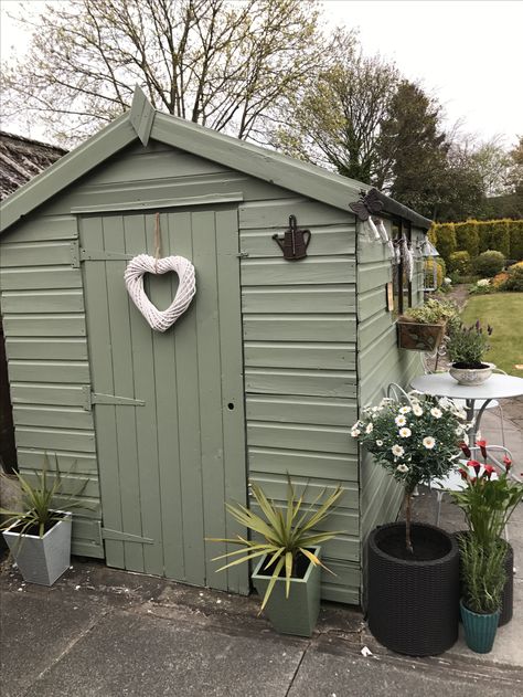 Painting my shed this colour! Garden Fence And Shed Colours, Outdoor Shed Paint Ideas, Green Sheds Painted, Shed Colours Ideas, Painted Sheds Ideas Colour, Garden Shed Colours, Outdoor Wc, Painted Sheds, Shed Paint Colours