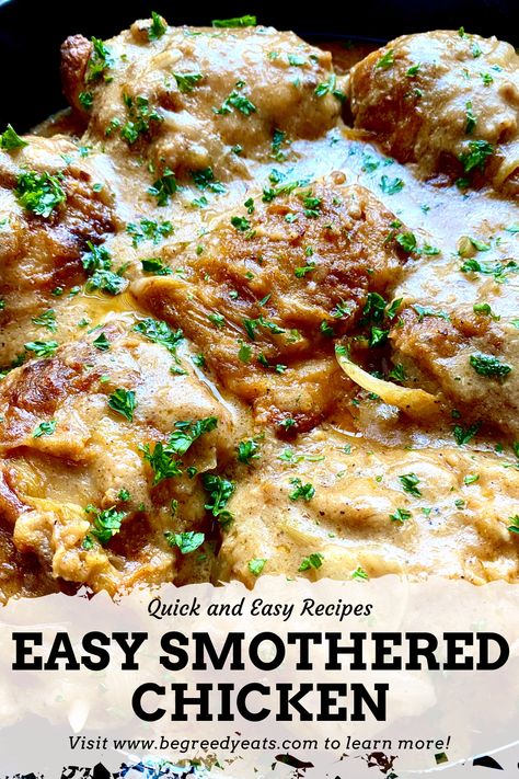 Smothered Chicken Thighs Oven, Easy Smothered Chicken, Drumstick Recipes Oven, Smothered Chicken Recipe, Smothered Chicken Recipes, Chicken Smothered, Baked Recipes, Smothered Chicken, Chicken Drumstick Recipes