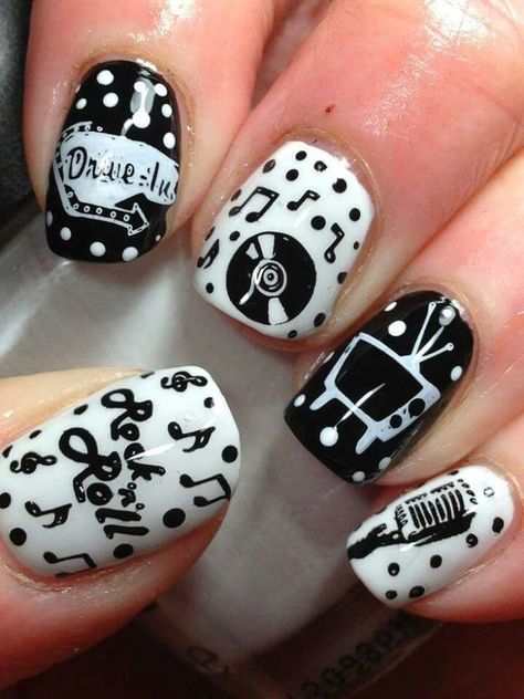 Rock n Roll Rockabilly Nails, Music Nail Art, Decades Day, Music Nails, Rock Nails, Vintage Nails, White Nail, Nail Polish Designs, Fabulous Nails