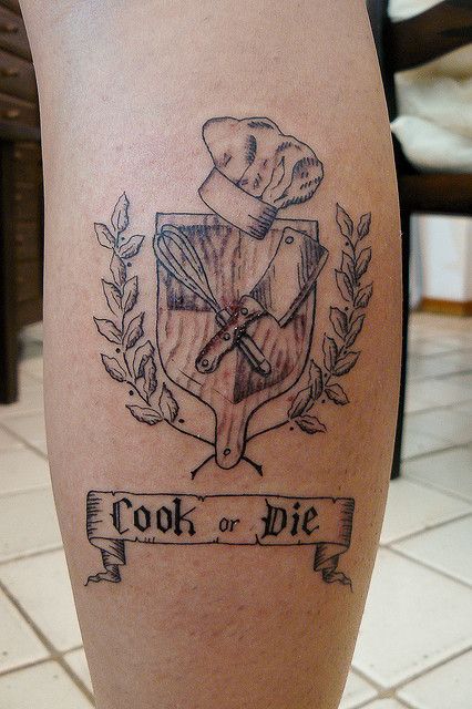 Cook or Die by Sabrina Ricci, via Flickr Knife In Back, Cooking Tattoo, Culinary Tattoos, Back Tattoo Ideas, Chef Tattoo, Food Tattoos, Knife Tattoo, Tattoo Work, Tattoo Tattoo