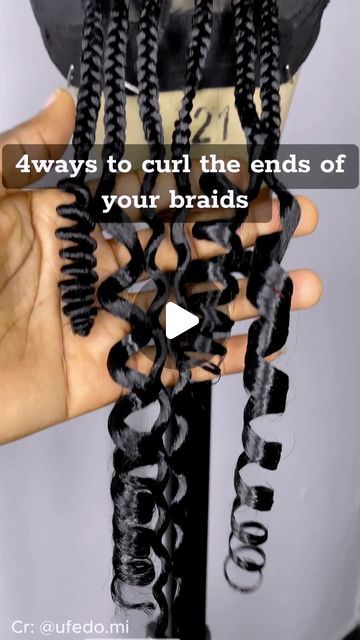 Vicky on Instagram: "4 ways to curl the end of the braids 🔥🔥🔥  #braids #braider #gypsybraids #bohobraids #bohobraid #curlybraids #bulkhairextensions #stitchbraids #braidsgang #stylist #bohostyle #curlyhairstyles #humanhairbraids #bohemianbraids #mermaidbraids #goddessbraids #boxbraids #knotlessbraids #microbraids #ygwigs" Types Of Curls On Braids, Quick Braiding Hairstyles For Black Women Easy, Curls On Braids Ends, Different Types Of Curls For Braids, Finishing Braid Ends, How To Make Braids Curly At The End, How To Do Curls On Braids Ends, Box Braids With Marley Hair, How To Curl The End Of Braids