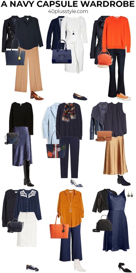 A navy capsule wardrobe | 40plusstyle.com Capsule Wardrobe Navy Blue, What To Wear With Navy Blue, Colors That Go With Navy Blue Outfits, Navy Color Combinations Outfits, Navy Blue Color Combinations Outfits, Navy Blue Wardrobe, Navy Blue Outfits For Women, Navy Capsule Wardrobe, Navy Outfits