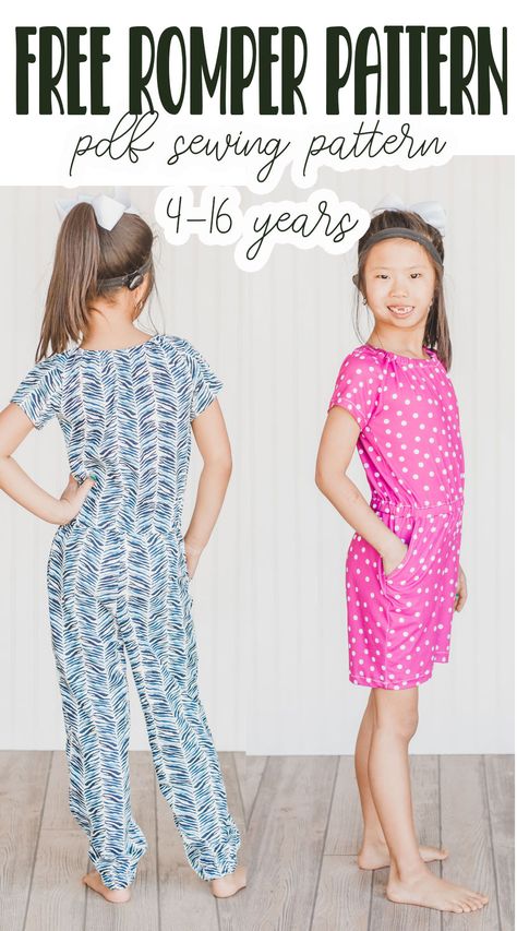 sew a girls romper with a free pdf pattern Kids Overalls Pattern Free Sewing, Playsuit Pattern Free, Kids Jumpsuit Pattern, Jumpsuit Pattern Sewing Free, Jumpsuit Pattern Free, Onesie Sewing Pattern, Free Sewing Patterns For Kids, Girls Sewing Patterns Free, Girls Sewing Patterns