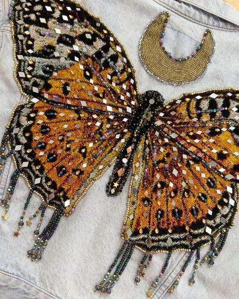 Celestial Butterfly Jacket - Made to Order – Wild & Free Jewelry Bead Art Projects Craft Ideas, Pink Aesthetic Jewelry, Butterflies Jewelry, Butterfly Clothing, Celestial Butterfly, Butterfly Jacket, Jewelry Upcycle, Affordable Engagement Rings, Butterfly Crown