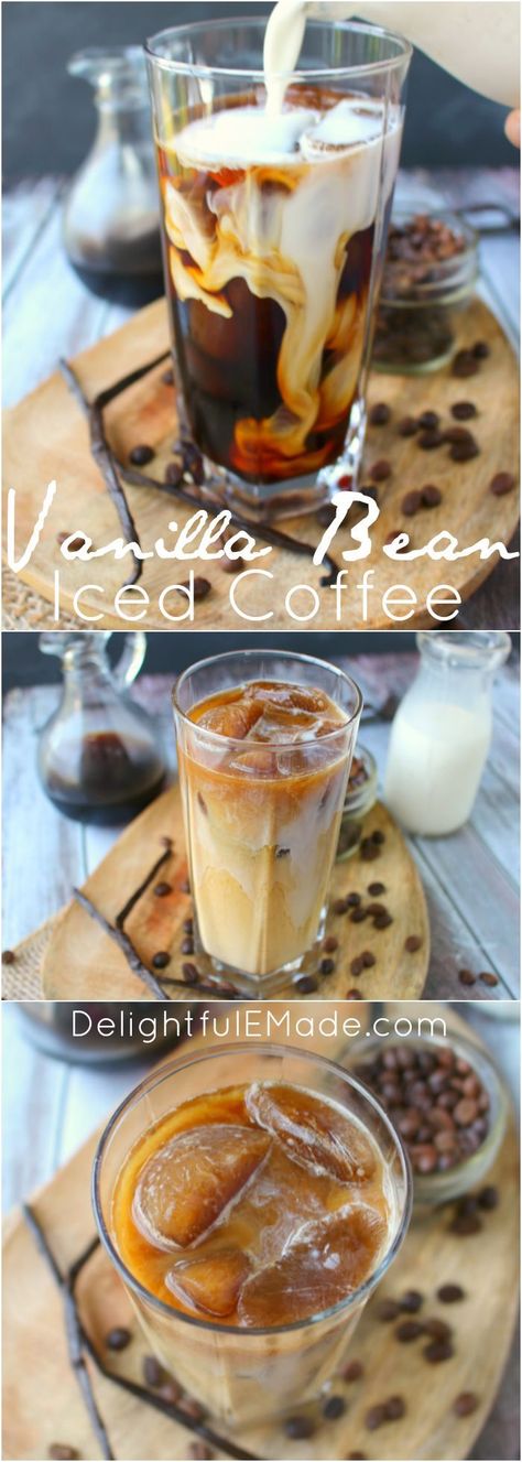 Forget the morning rush at your local coffee shop - make your favorite iced coffee drink right at home!  My Vanilla Bean Iced Coffee is made with a super-simple vanilla bean syrup, as well as cold brew coffee, and half and half. #Delightfulemade #Coffee # Vanilla Bean Syrup, Homemade Cold Brew Coffee, Vanilla Iced Coffee, Making Cold Brew Coffee, Dark Roast Coffee, Local Coffee, Roasted Coffee Beans, Ice Coffee Recipe, Local Coffee Shop