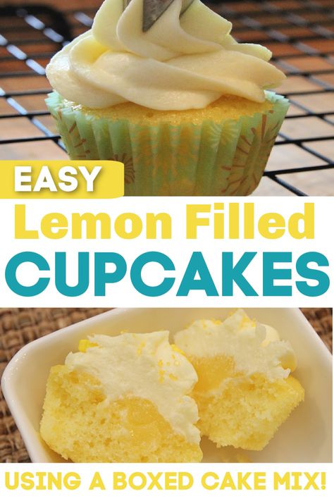 Lemon Cupcake Filling Recipe, Lemon Cupcake Recipes Using Cake Mix Boxes, Yellow Cake Filled Cupcakes, Lemon Cupcake From Box Cake Mixes, Lemon Filled Cupcakes Easy, Lemon Filling For Cupcakes, Fluffy Lemon Cupcakes, Lemon Filled Muffins, Filled Yellow Cupcakes