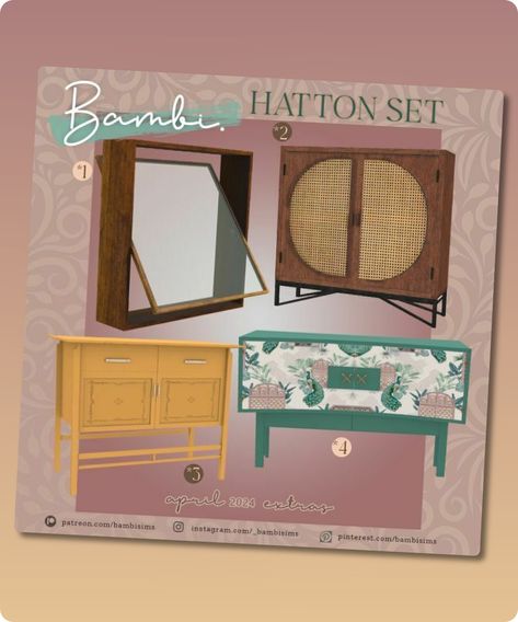 Sims 4 Furniture CC: Hatton SET By Bambisims Hall House, Sims 4 Cc Download, Tropical Bedrooms, Furniture Cc, Gaming Furniture, Desert Living, Sims 4 Furniture, Baby Lounger, Tools And Toys