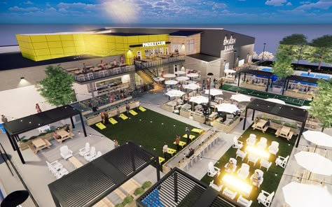 Outdoor Sports Bar, Food Court Design, Food Park, Outdoor Patio Space, Pickleball Court, Bowling Alley, Design Restaurant, Bar Design Restaurant, Outdoor Restaurant