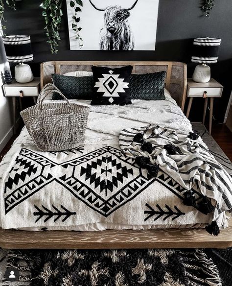 Boho Western Bedding Ideas, Aztec Boho Bedroom Ideas, Master Bedrooms Decor Aztec, Bedroom Ideas Southwestern, Aztec Inspired Bedroom, Aztec Master Room, Dark Western Boho Bedroom, Aztec Room Decor Bedroom, Boho Cow Bedroom Ideas