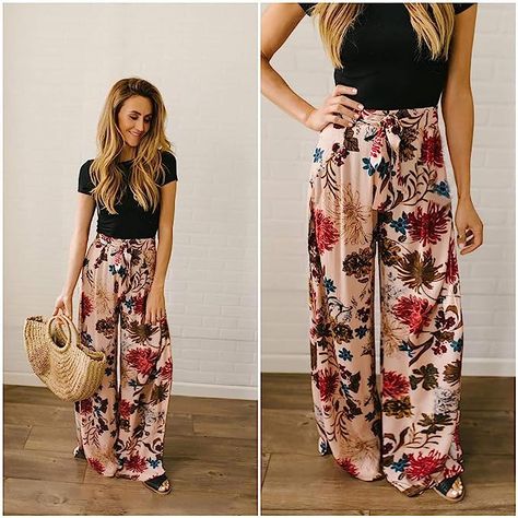 ECOWISH Wide Leg Pants for Women Summer 2023 Palazzo Tropical Floral Casual High Waist Flared Trousers with Pockets White Lace Gloves, High Waist Joggers, Pink Sash, Style Wide Leg Pants, Bohemian Pants, Harem Pant, Printed Wide Leg Pants, Long Trousers, Printed Trousers