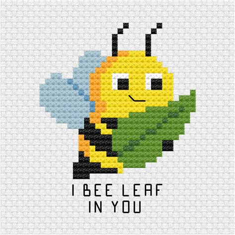 The cute bee that believes is you is the latest addition to the pun cross stitch pdf pattern series I am building up for my patrons. I bee leaf in you cross stitch pdf pattern - Ringcat Cross Stitch Pattern Easy Free, Bumble Bee Cross Stitch Pattern Free, I Bee Leaf In You, Bumble Bee Cross Stitch Pattern, Cross Stitch Bee Pattern, Bee Cross Stitch Pattern Free, Pixel Art Bee, Bee Embroidery Pattern, Simple Cross Stitch Patterns