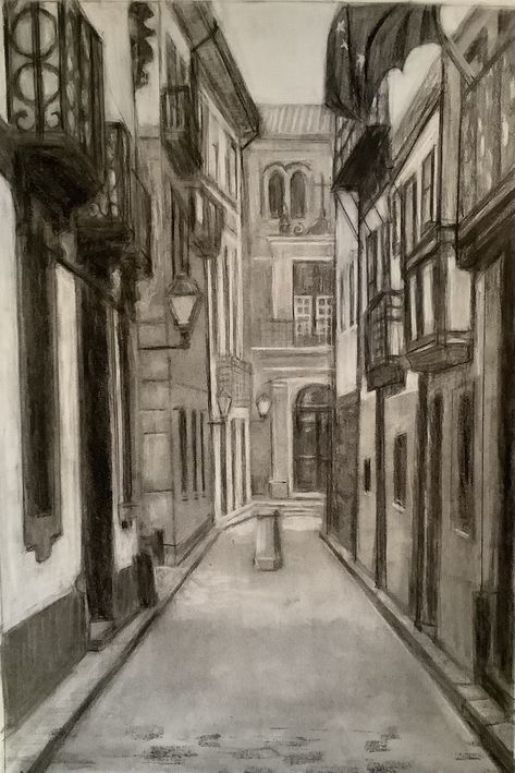 Cityscape in charcoal Charcoal Perspective Drawing, Charcoal Cityscape, Charcoal Architecture, Perspective Ideas, Town Drawing, Charcoal Artwork, Quilling Dolls, Cityscape Drawing, Milan Art