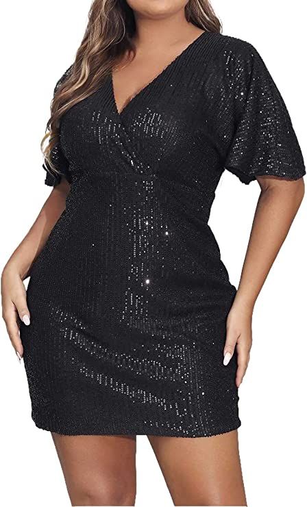 EVILD Plus Size Sequin Bodycon Dress V Neck Porm Mini Dress Short Sleeve Glitter Plus Dress Women Cocktail Sequins Dresses Mini Dress Short Sleeve, Plus Size Sequin, Plus Dress, Sparkle Skirt, Plus Size Mini Dresses, Plus Size Bodycon Dresses, Plus Size Bodycon, Evening Outfit, Plus Size Party Dresses