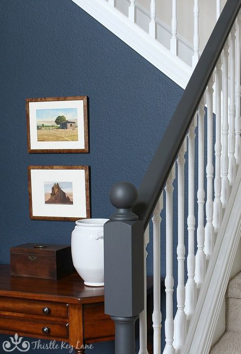 Hand Rail Update - Thistle Key Lane Navy Stair Railing, Navy Blue Banister, Blue Stair Railing, Navy Banister, Navy Bannister, Blue Bannister, Updating Staircase Railing, Navy Staircase, Painted Stair Rails