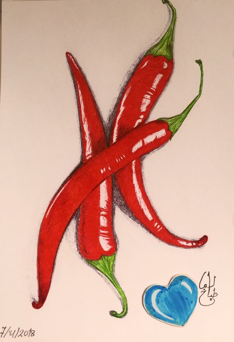 Chile Pepper Drawing, Chilli Pepper Drawing, Chili Pepper Drawing, Chili Drawing, Pretty Woman Aesthetic, Drawing Cartoon Characters Sketches, Pencil Colour Painting, Colored Pencil Artwork Ideas, Vegetable Drawing