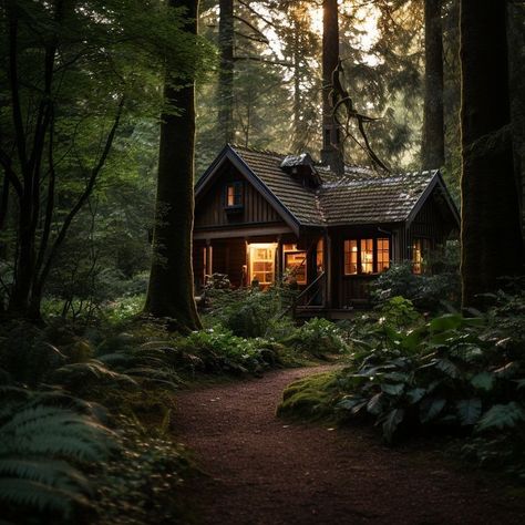 Cabin In The Woods Mountain, Small Woodsy House, Cabin In The Woods Aesthetic, Forest Landscaping, Modern Cabin In The Woods, Dark Cottagecore House, Small Modern Cabin, Forest Houses, Little Cabin In The Woods