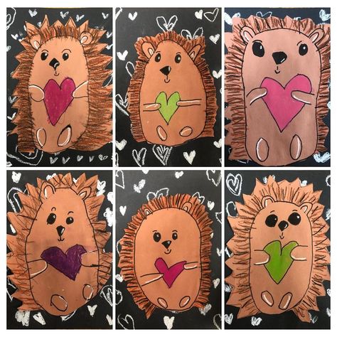 Hedgehog Preschool Art, Cute Valentines Art For Kids, Kindergarten February Art, Pre K Art Projects Fall, Valentines Day Art Projects Elementary, Hedgehog Art For Kids, Valentines Art Projects For Kids, Hedgehog Activities For Kids, Groundhog Day Art