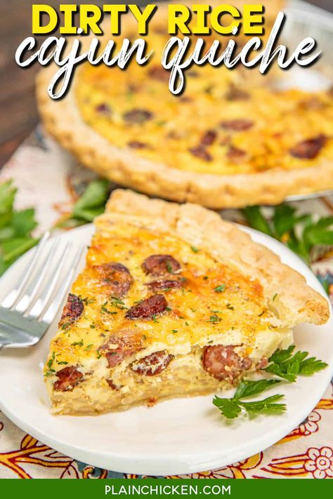 Dirty Rice Cajun Quiche Recipe - spice up your brunch game with our mouthwatering Cajun Quiche! Bursting with the bold flavors of dirty rice, andouille sausage, green onions, and cheddar cheese, it's a Southern twist on a classic favorite. Creamy, spicy, and utterly delicious, this quiche is perfect for breakfast, brunch, or any meal of the day. Cajun Breakfast, Chicken Quiche, Delish Dinners, Homemade Quiche, Homemade Cajun Seasoning, Crazy Food, Creole Cooking, Dirty Rice, Plain Chicken