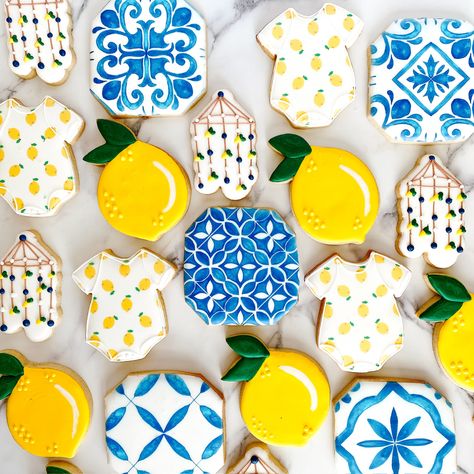 Our client's vision came to life for the sweetest Italian garden party inspired baby shower. Which one do you like best? 🍋 💙 We think the lemon mobile is too cute for words! 🍋 💙 #sugarcookies #sugarcookiesofinstagram #customcookies #decoratedsugarcookies #cookiedecorating #sanfranciscoevents #bayareaevents #spacecadetbakingco #ItalianBabyShower #babyshower Amalfi Coast Theme Cookies, Amalfi Coast Nursery Theme, Greek Baby Shower Theme, Italian Themed Baby Shower Ideas, Italian Summer Baby Shower Theme, Italian Baby Shower Theme, Almafi Coast Baby Shower Theme, Amalfi Baby Shower Theme, Italian Garden Party