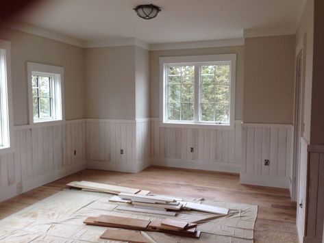 Half Wall Living Room, Wood Makeover, Wall Paneling Makeover, Wood Paneling Makeover, Spare Bedrooms, Paneling Makeover, Half Painted Walls, Shiplap Paneling, Paneling Ideas