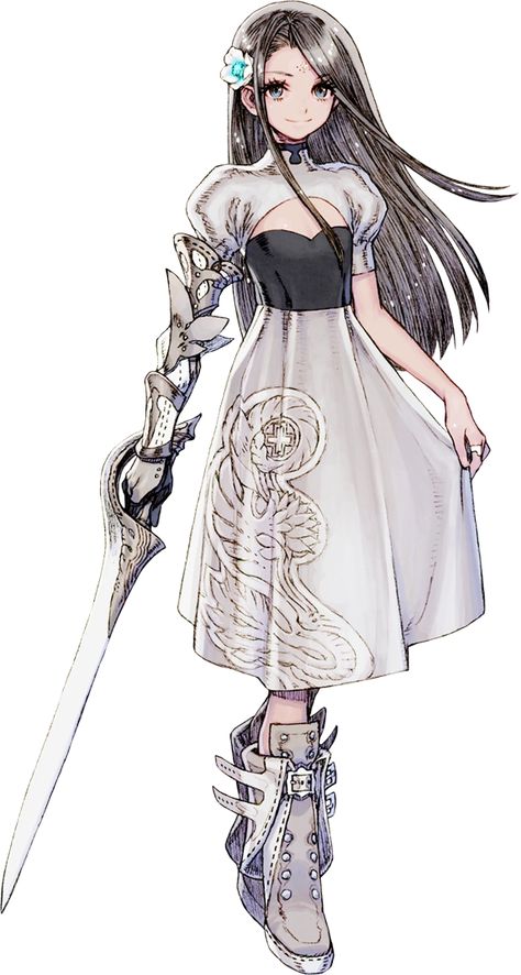 Sarah is a character from the Terra Battle series who appears as a guest party member in a Final Fantasy XV-Terra Wars collaboration added in patch 1.26. The player can gain her weapon by doing her quest. The quest "Close Encounter of the Terra Kind" is available from chapter 5 onwards, and the player can find it in the quest log. Sarah has long gray hair with a white flower behind her right ear. Her ensemble is full of flower motifs from a flower on her forehead to the patterns of her white... Terra Battle, Tifa Lockhart, Female Knight, Final Fantasy Art, Final Fantasy Xv, Final Fantasy Vii, Female Character Design, Character Design References, Fantasy Clothing