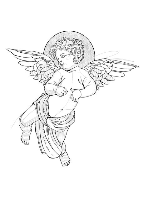 Cherub Angel Drawing, Cherub Tattoo Stencil, Cheribum Angels Tattoos, Cherub Line Tattoo, Simple Cherub Drawing, Angel Drawing Reference, Cherub Praying Tattoo, Cherub Angel Tattoo Outline, Cherub Drawing