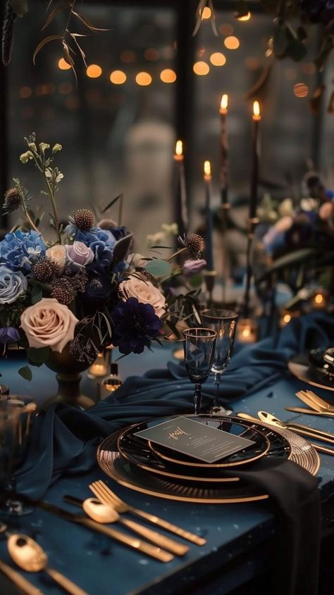 Dark Color Wedding Themes, Blue Wedding Theme Ideas, Dark Blue Wedding Theme, Dark Teal Weddings, Navy Wedding Theme, Blue Fall Wedding, Midnight Blue Wedding, Navy Blue Wedding Theme, Silver Wedding Theme