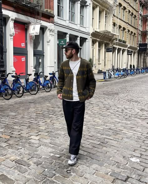 Guy Cardigan Outfits, Mens Outfits Cardigan, Cardigan Streetwear Men, Indie Man Outfit, Cardigan Men Outfit Street Styles, Mens Cardigan Outfit Streetwear, Cardigan Outfit Men Street Styles, Men’s Cardigan, Cardigan Outfits Men