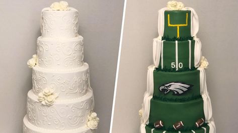 Diehard #eagles fans take football obsession to new heights with wedding cake Football Wedding Ideas, Sports Wedding Theme, Philadelphia Eagles Cake, Outdoor Country Wedding Ideas, Football Wedding Cake, Tailgate Wedding, Football Wedding Theme, Wedding Fun Ideas, Grooms Cake Ideas