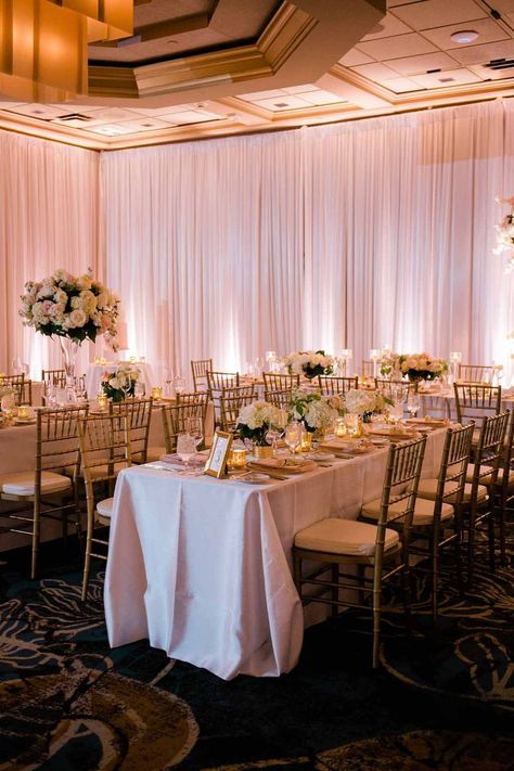 Draped Wedding Reception, White Draping Wedding Reception Ideas, White Drapes Wedding Reception Ideas, White Drapery Wedding, Summer Indoor Wedding, Wedding Reception Draping, Indoor Ballroom Wedding Reception, Off White Traditional Drape For Reception, White Floral Ceiling Wedding