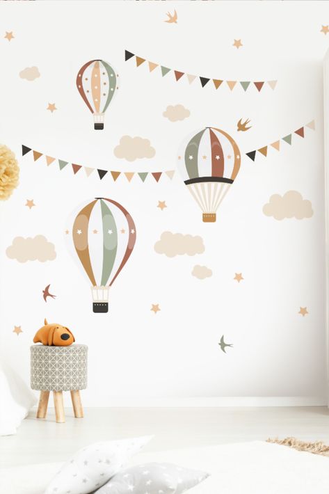 Kids Study Room Ideas, Room Boho Decor, Toddler And Baby Room, Playroom Mural, Baby Room Decals, Boho Kids Room, Clouds And Stars, Hot Air Balloon Nursery, Wroclaw Poland