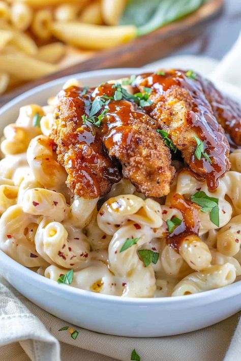 Dive into the ultimate comfort food with our Honey Pepper Chicken Mac and Cheese recipe! This dish combines creamy, cheesy macaroni with crispy honey pepper chicken for a sweet and savory meal that's sure to please. Topped with smoky bacon and fresh basil, it's a gourmet twist on a classic favorite. Perfect for family dinners or impressing guests, this recipe brings together the best of both worlds. Don't miss out on making your dinners unforgettable. Save this pin and try the recipe tonight! Honey Pepper Chicken, Creamy Cheesy Pasta, Breaded Chicken Strips, Chicken Mac And Cheese, Spicy Honey, Pepper Chicken, Chicken Stuffed Peppers, Breaded Chicken, Food Obsession