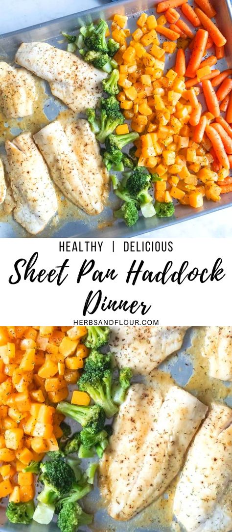 Fish And Roasted Vegetables, Haddock Dinner Ideas, Baked Fish And Vegetables, Haddock Healthy Recipes, Haddock Fish Recipes Healthy, Easy Haddock Recipes Healthy, Sheet Pan Meals Fish, Healthy Haddock Recipes Clean Eating, Haddock Dinner Recipes