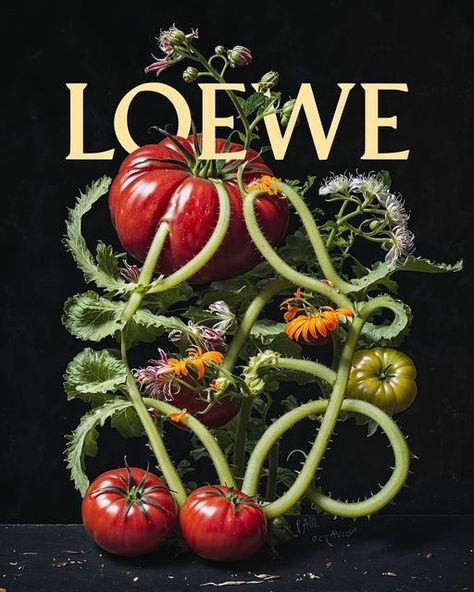 Paul Octavious on Instagram: "I love Loewe, the scent of tomatoes, and Dutch still lifes, so this project was right up my alley 🍅❤️ I made this for @jonathan.anderson of @loewe to celebrate the iconic Tomato Purse, born from a meme..  Slide 1 - Tomato vines form @loewe signature. (Squint 👁️) Slide 2 - The Meme Slide 3 - The Tomato Purse inspired from the meme Slide 4 - Tomato Test Slide 5 - Tomato Soap I’m obsessed with year round 🍅" Loewe Still Life, Loewe Poster, Loewe Moodboard, Loewe Branding, Purse Photography, Loewe Style, Tomato Soap, Tomato Vine, Dutch Still Life