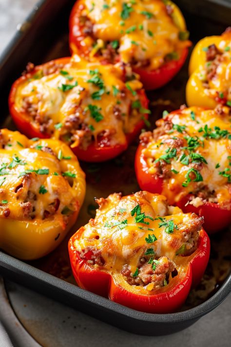 Discover the ease of the Ground Beef Stuffed Peppers recipe for a healthy, quick dinner. This simple dish is keto-friendly and can be made in an air fryer or as a casserole, using common pantry ingredients. For this Ground Beef Stuffed Peppers recipe and more fast, homemade meals and ground beef recipes, visit SimplyCalledFood.com. Stuffed Peppers With Quinoa And Beef, Stuffed Mini Peppers With Ground Beef, Ground Beef Stuffed Peppers, Healthy Quick Dinner, Beef Stuffed Peppers, Stuffed Bell Peppers Ground Beef, Easy Stuffed Pepper Recipe, Stuffed Peppers Beef, Taco Stuffed Peppers