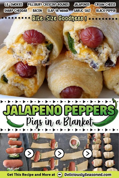 Jalapeno Popper Pigs in a Blanket!... - Sweetpea Lifestyle Popper Pigs In A Blanket, Pepper Pig, Pork Entrees, Bite Size Snacks, Jalapeno Peppers, Jalapeno Popper, Delicious Appetizer Recipes, Pigs In A Blanket, Football Food