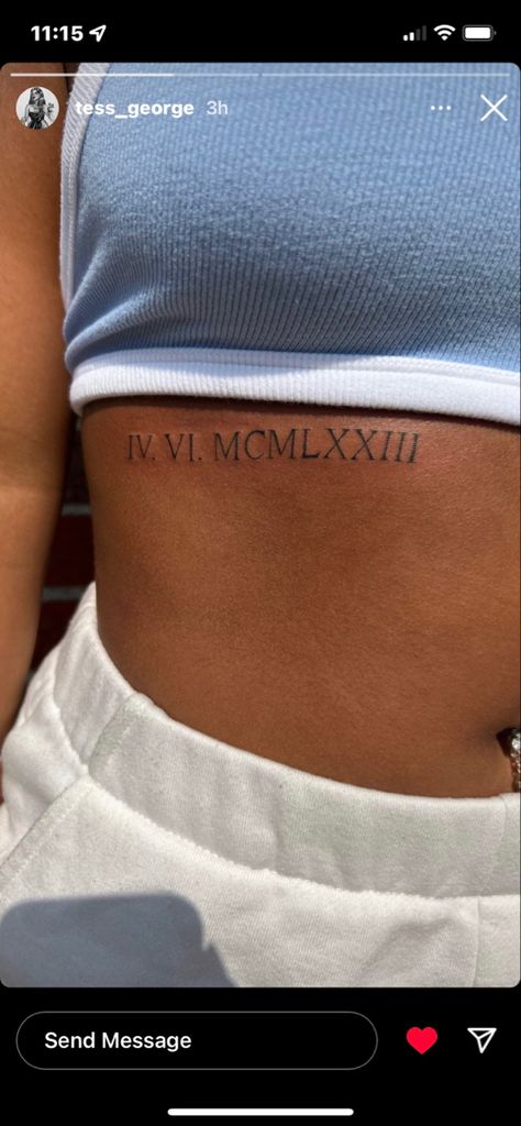 Date On Ribs Tattoo, Roman Numeral Tattoo Ribcage, Roman Numerals On Ribs, Tattoos For Women Side Ribs, Cute Date Tattoos, Roman Numerals Rib Tattoo, Feminine Roman Numeral Tattoo Font, Adoption Date Tattoo Ideas, Roman Numeral Tattoo On Ribs