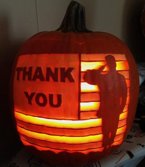 Thank You  pattern from Stoneykins.com Carved by WynterSolstice on a real pumpkin Army Pumpkin Carving, Military Pumpkin Ideas, Patriotic Pumpkin Ideas, Punkin Decorating, Punkin Chunkin, Halloween Carvings, Pumpkin Sculpting, Pumpkin Patterns Free, Redhead Quotes