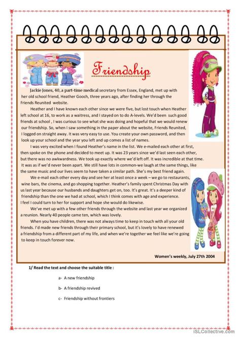 a reading comprehension about friendship. It's a real story of two friends who lost touch since school years and reunited thanks to a website Friendship For Kids, Friends Reunited, Esl Reading, On Friendship, About Friends, About Friendship, 100 Words, Two Friends, Our Friendship