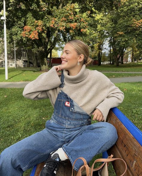 fall outfit, cute outfit, outfit inspo, fall aesthetic, overalls, denim overalls, adidas sneakers, turtleneck, fall sweater Jean Overall Outfits Fall, Jean Overall Outfits Winter, Overall Outfit Fall, Denim Overalls Outfit Winter, Overall Winter Outfit, Jeans Overall Outfit, Overalls Winter Outfit, Overall Outfit Winter, Overalls Fall Outfits