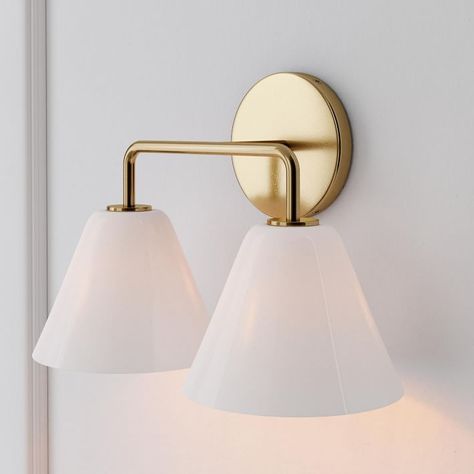 Sculptural 2-Light Sconce, Cone Mini, Milk, Chrome, 8" | West Elm Powder Room Lighting, Canopy Glass, Salon Suites, Mini Milk, Stylish Curtains, Metal Canopy, Bathroom Sconces, Bathroom Light Fixtures, Light Sconces