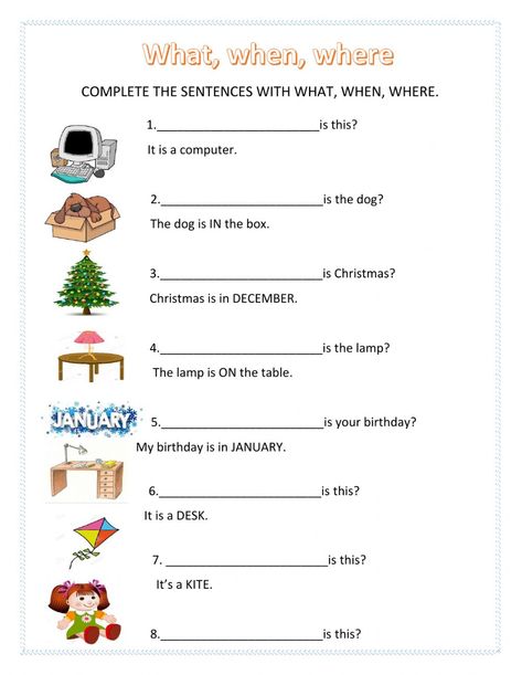 What When Where Worksheet, Common Nouns Worksheet, Wh Words, Esl For Adults, 1st Grade Writing Worksheets, Practice English Grammar, Tense Worksheet, English Language Learning Activities, English Beginner