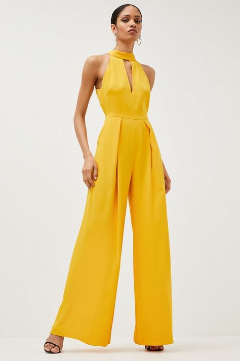 Vietnam Tailor, Wide Leg Jumpsuit Pattern, Jumpsuit Outfit Wedding, Elegant Pants Suits, Semi Formal Attire, Sweep The Floor, Yellow Jumpsuit, Yellow Suit, Halter Neck Jumpsuit