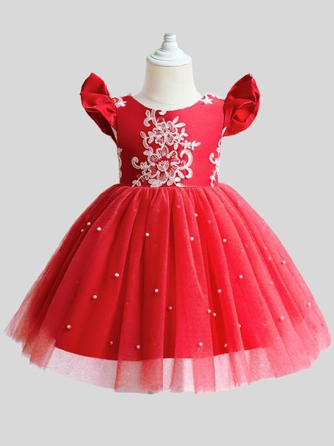 Red Church Dress, Princess Dress Red, Girls Formal Wear, Pearl Applique, Aso Ebi Lace, Girls Fall Dresses, Traditional Blouse Designs, Photos Winter, Winter Formal Dresses